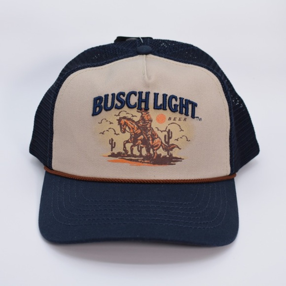Busch Light Beer‎ Western Cowboy Horse Snapback Trucker Hat Cap Beige Navy NWT